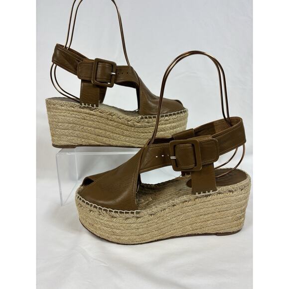Celine Paris Espadrilles Wedges Platform Sandals Brown Leather Size 38 Buckle - Picture 3 of 16
